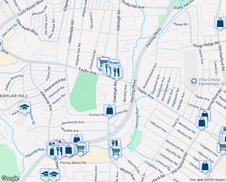 map of restaurants, bars, coffee shops, grocery stores, and more near 7820 Oakleigh Road in Parkville