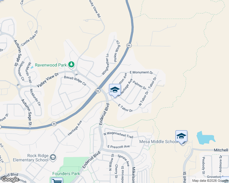 map of restaurants, bars, coffee shops, grocery stores, and more near 1227 North Deckers Place in Castle Rock