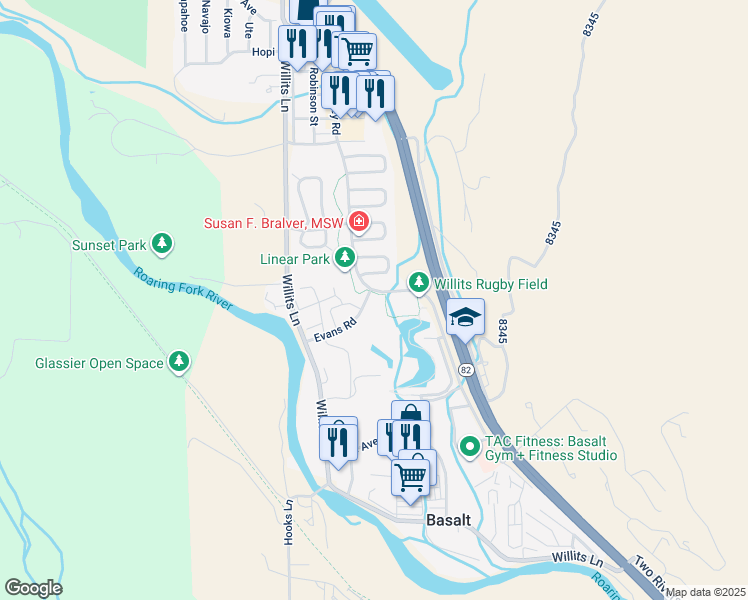 map of restaurants, bars, coffee shops, grocery stores, and more near 202 Evans Road in Basalt