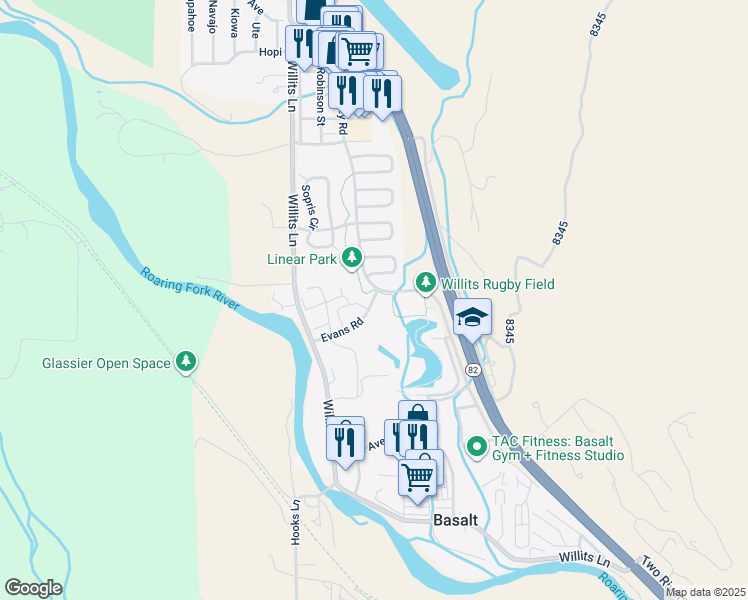 map of restaurants, bars, coffee shops, grocery stores, and more near 202 Evans Road in Basalt
