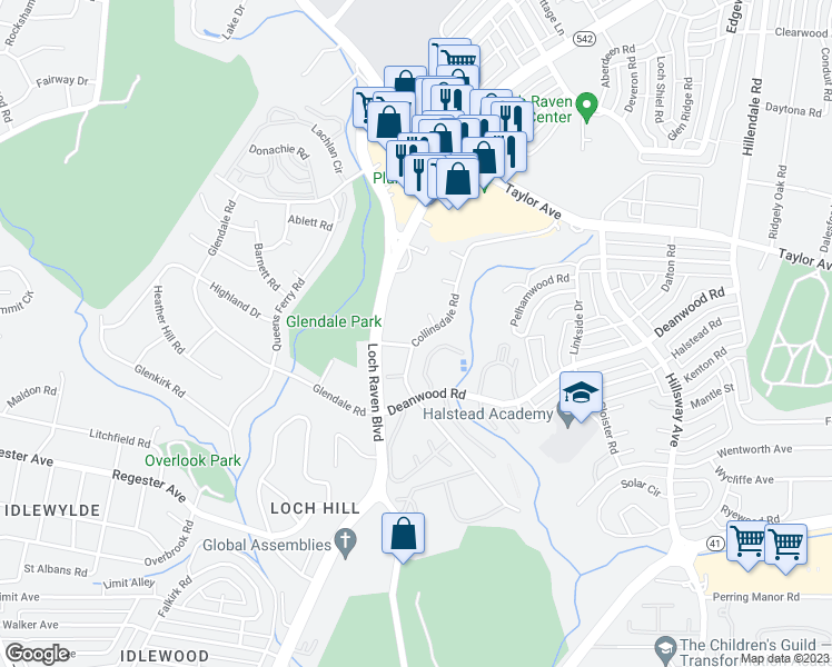 map of restaurants, bars, coffee shops, grocery stores, and more near 6702 Collinsdale Road in Parkville