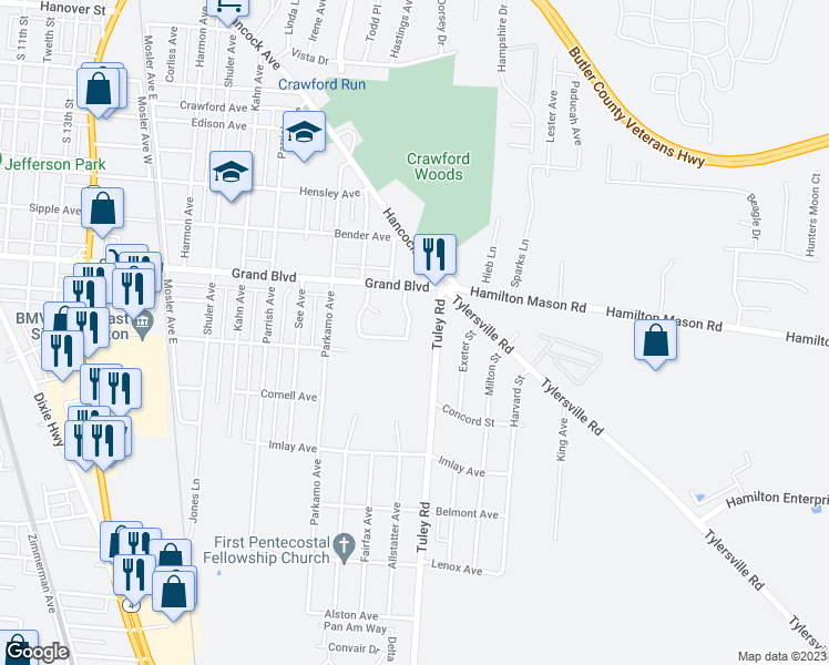 map of restaurants, bars, coffee shops, grocery stores, and more near 82 Van Buren Drive in Hamilton