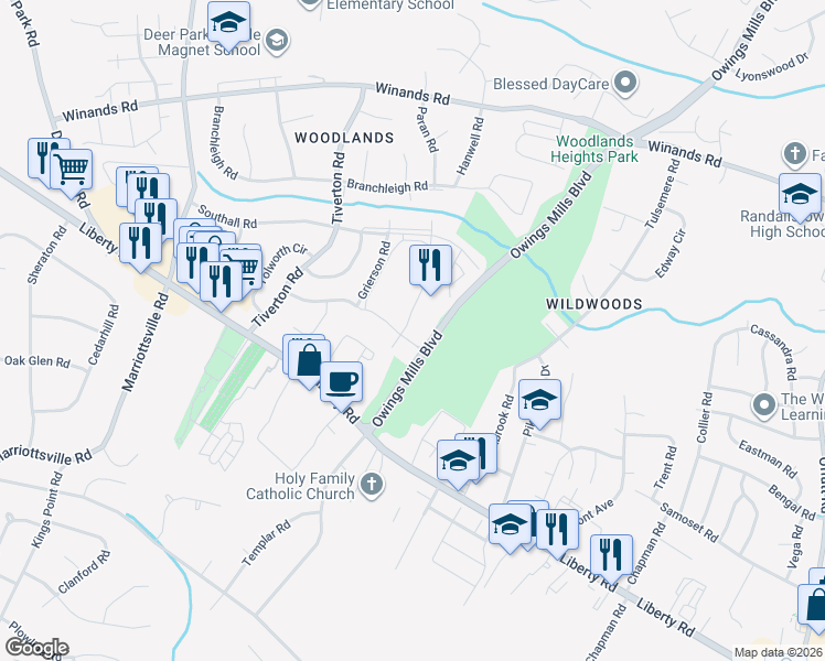 map of restaurants, bars, coffee shops, grocery stores, and more near 3901 Noyes Circle in Randallstown