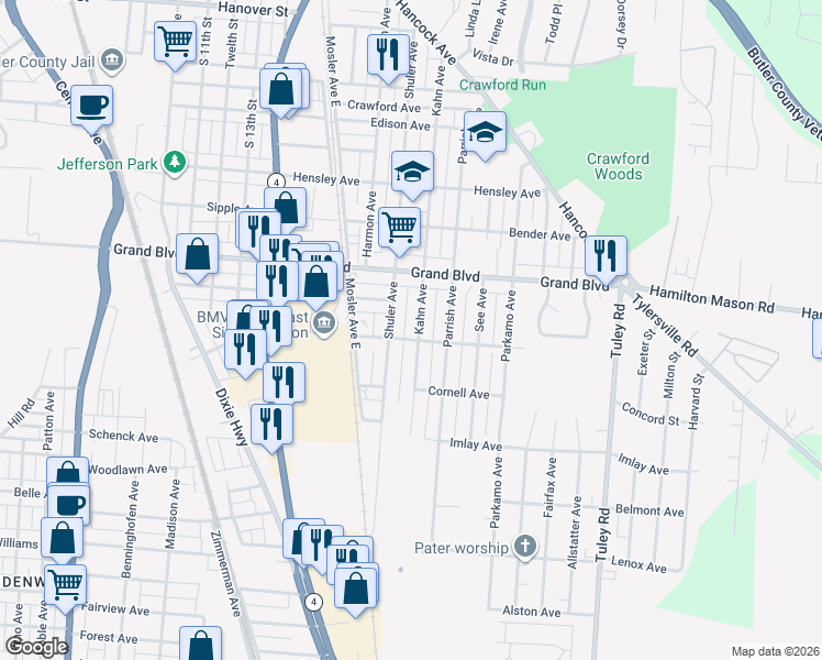 map of restaurants, bars, coffee shops, grocery stores, and more near 1849 Lincoln Avenue in Hamilton