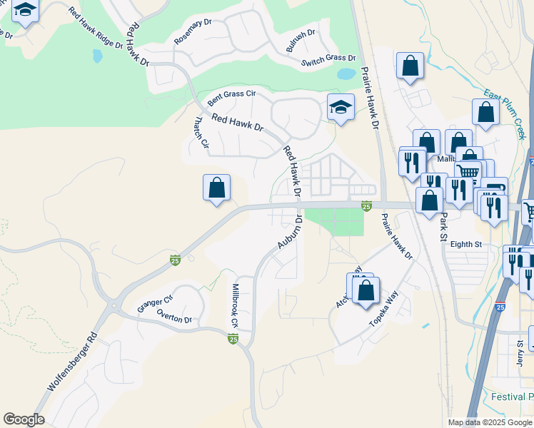 map of restaurants, bars, coffee shops, grocery stores, and more near 650 East Wolfensberger Road in Castle Rock