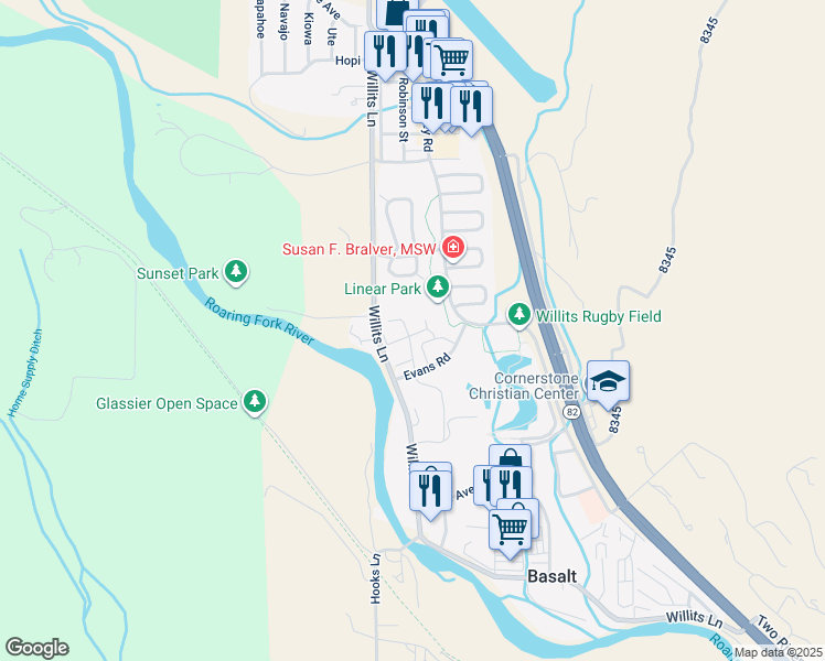 map of restaurants, bars, coffee shops, grocery stores, and more near 439 Jody Road in Basalt