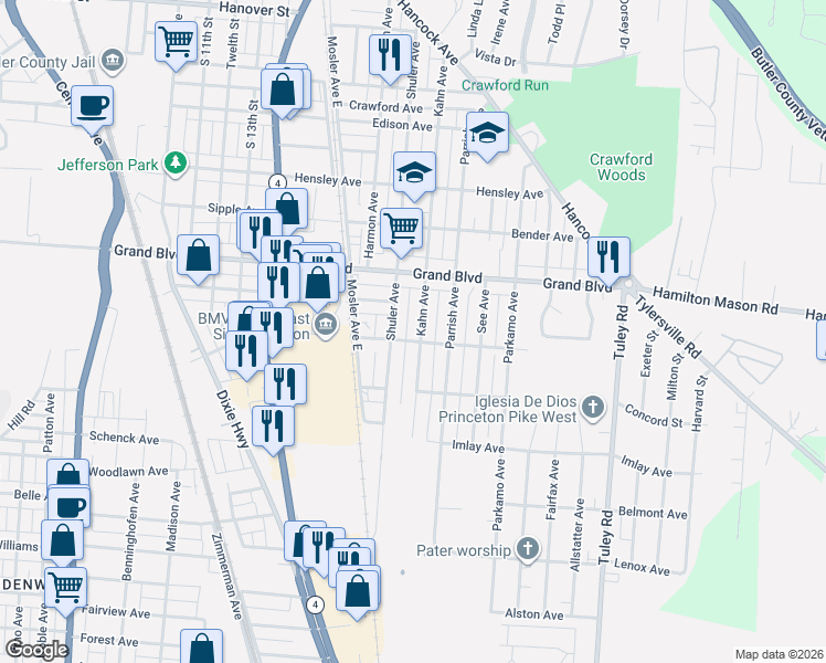 map of restaurants, bars, coffee shops, grocery stores, and more near 1849 Lincoln Avenue in Hamilton