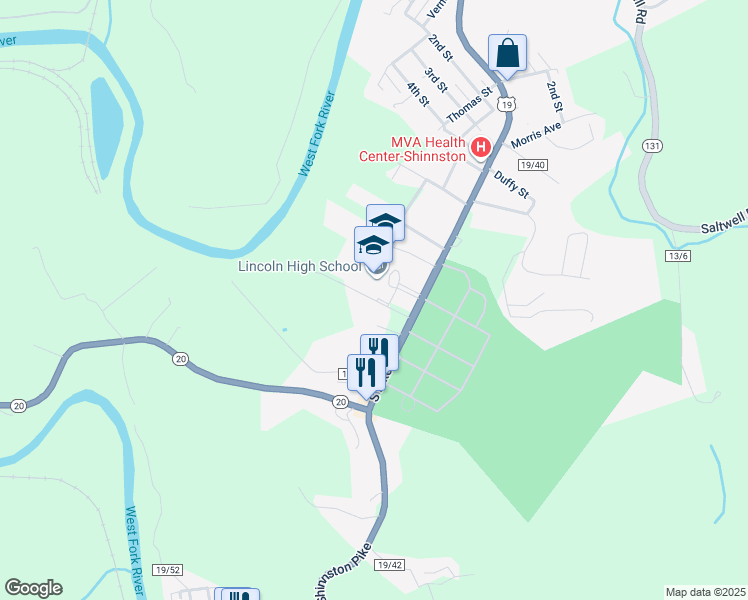 map of restaurants, bars, coffee shops, grocery stores, and more near Lincoln Drive in Shinnston