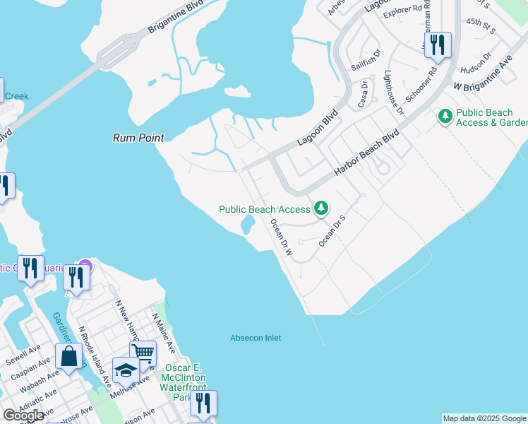 map of restaurants, bars, coffee shops, grocery stores, and more near 30 Ocean Drive East in Brigantine