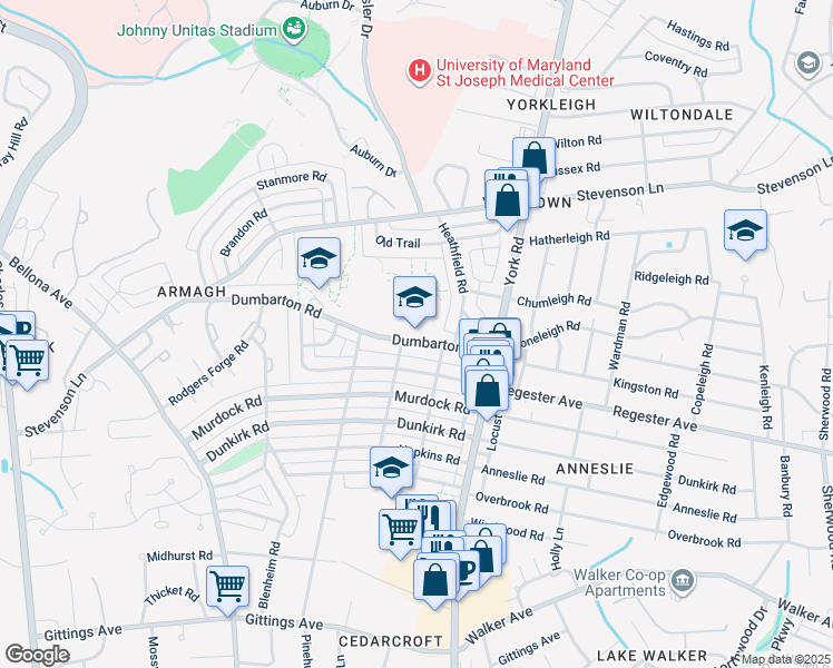 map of restaurants, bars, coffee shops, grocery stores, and more near 300 Dumbarton Road in Baltimore