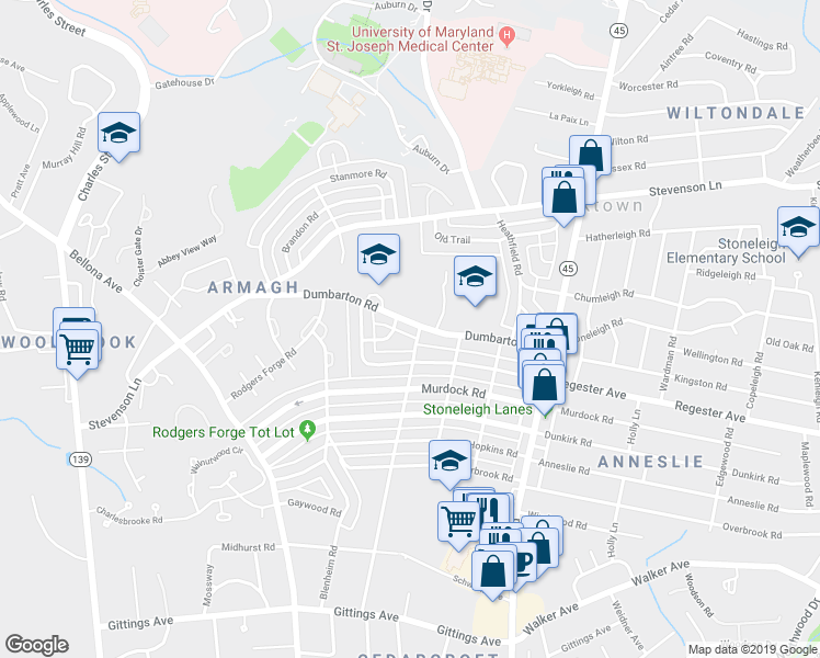 map of restaurants, bars, coffee shops, grocery stores, and more near 179 Dumbarton Road in Baltimore