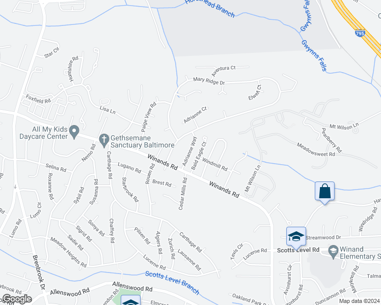 map of restaurants, bars, coffee shops, grocery stores, and more near 4203 Adrianne Way in Randallstown