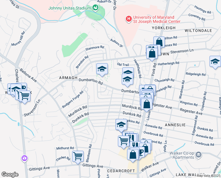 map of restaurants, bars, coffee shops, grocery stores, and more near 179 Dumbarton Road in Baltimore