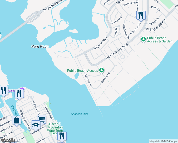 map of restaurants, bars, coffee shops, grocery stores, and more near 5215 Seaspray Road in Brigantine