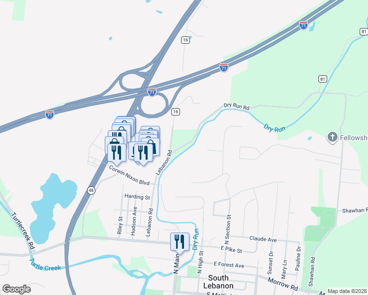 map of restaurants, bars, coffee shops, grocery stores, and more near 25 Dry Run Road in South Lebanon