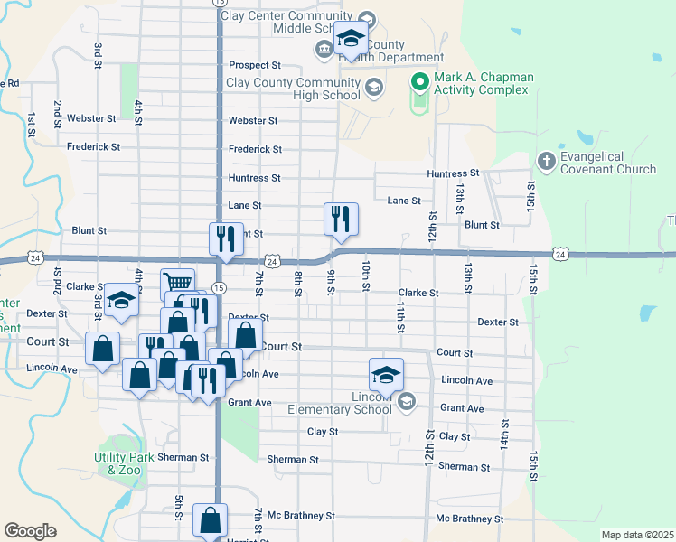 map of restaurants, bars, coffee shops, grocery stores, and more near 1020 9th Street in Clay Center