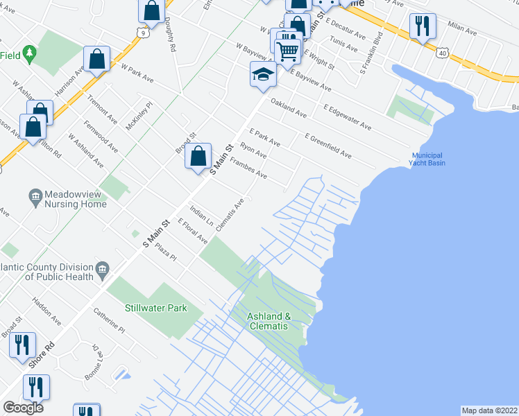 map of restaurants, bars, coffee shops, grocery stores, and more near 1100 Clematis Avenue in Pleasantville