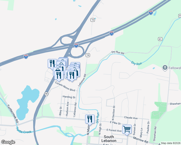 map of restaurants, bars, coffee shops, grocery stores, and more near 25 Dry Run Road in South Lebanon