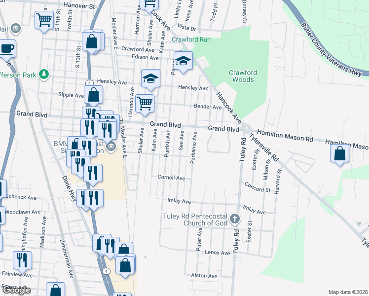 map of restaurants, bars, coffee shops, grocery stores, and more near 1665 See Avenue in Hamilton