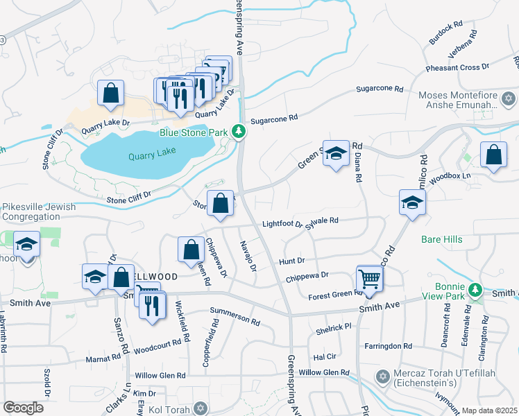 map of restaurants, bars, coffee shops, grocery stores, and more near 19 Huntchase Court in Baltimore