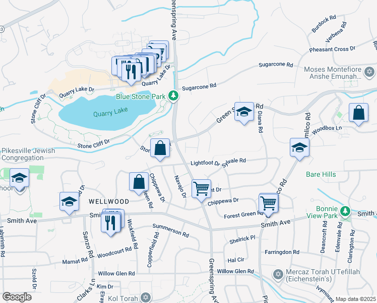map of restaurants, bars, coffee shops, grocery stores, and more near 19 Huntchase Court in Baltimore