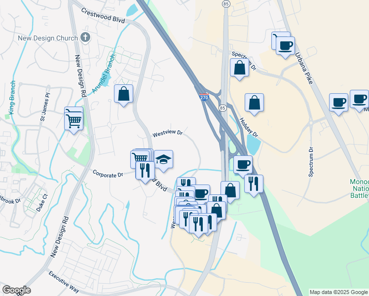 map of restaurants, bars, coffee shops, grocery stores, and more near 5240 Westview Drive in Frederick