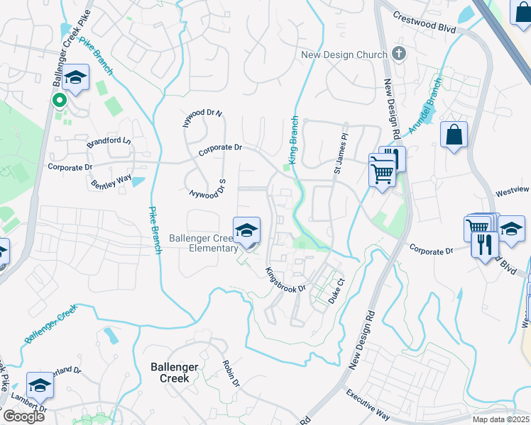 map of restaurants, bars, coffee shops, grocery stores, and more near 5238 Kingsbrook Drive in Frederick