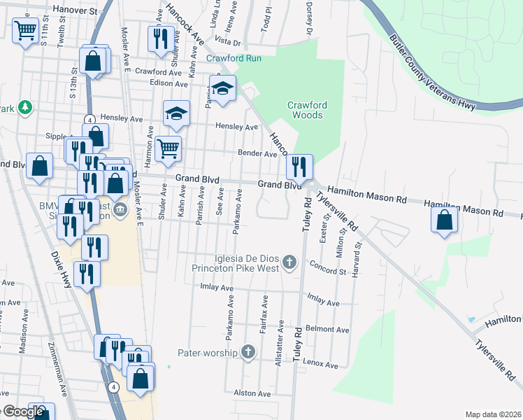 map of restaurants, bars, coffee shops, grocery stores, and more near 49 Van Buren Drive in Hamilton