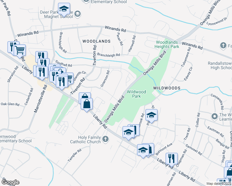 map of restaurants, bars, coffee shops, grocery stores, and more near 3901 Noyes Circle in Randallstown