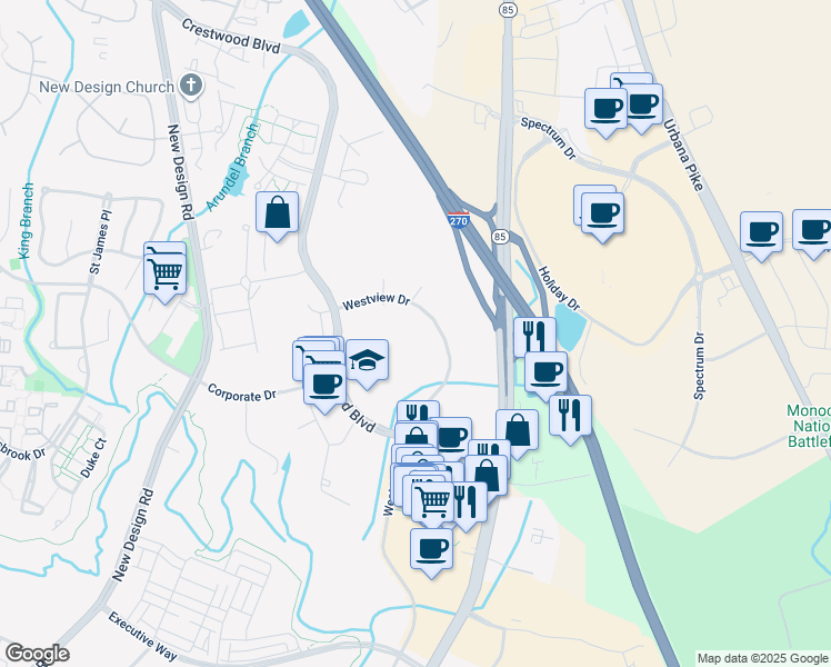 map of restaurants, bars, coffee shops, grocery stores, and more near 5240 Westview Drive in Frederick