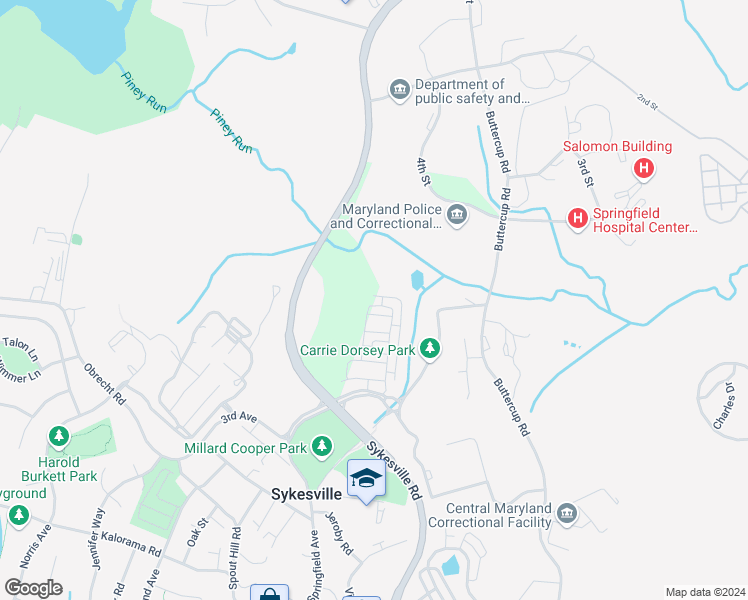 map of restaurants, bars, coffee shops, grocery stores, and more near 7202 Conley Alley in Sykesville