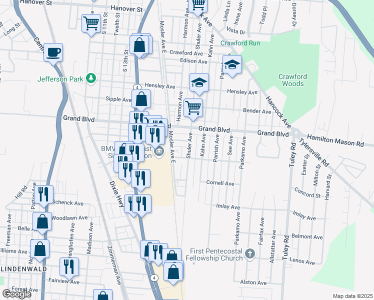 map of restaurants, bars, coffee shops, grocery stores, and more near 1641 Shuler Avenue in Hamilton