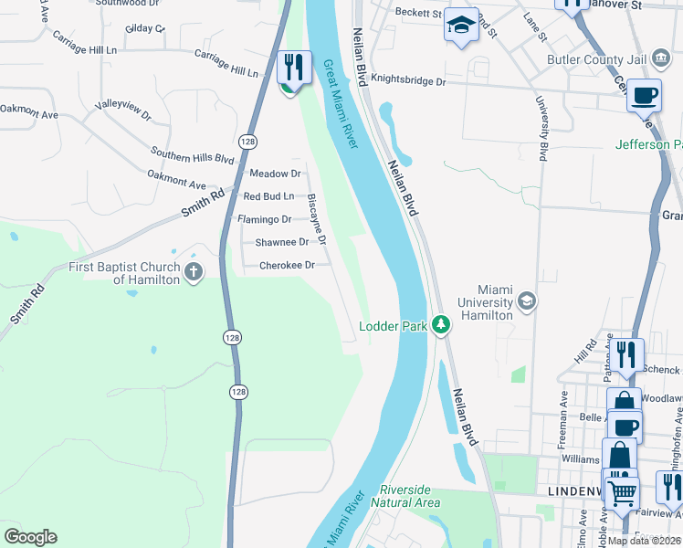 map of restaurants, bars, coffee shops, grocery stores, and more near 1595 Biscayne Drive in Hamilton