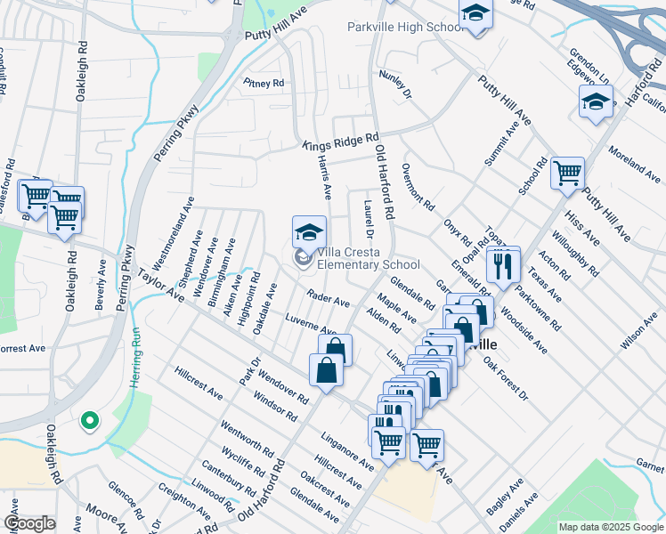 map of restaurants, bars, coffee shops, grocery stores, and more near 8015 Harris Avenue in Parkville
