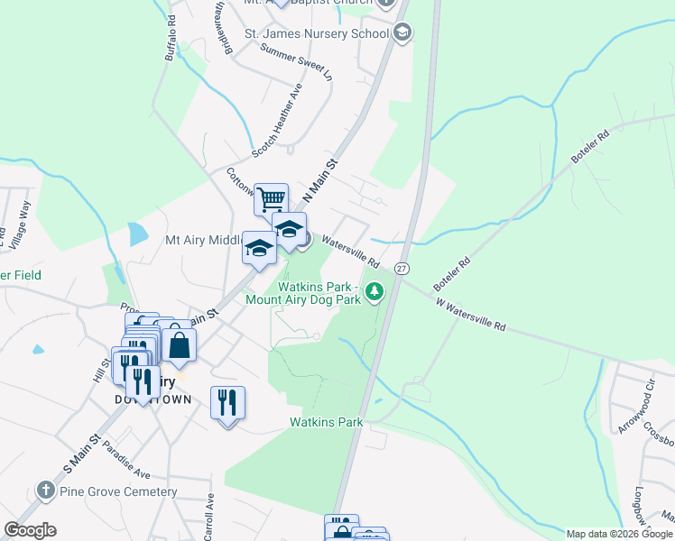map of restaurants, bars, coffee shops, grocery stores, and more near 102 Watersville Road in Mount Airy