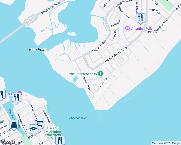map of restaurants, bars, coffee shops, grocery stores, and more near 5205 Harbor Beach Boulevard in Brigantine