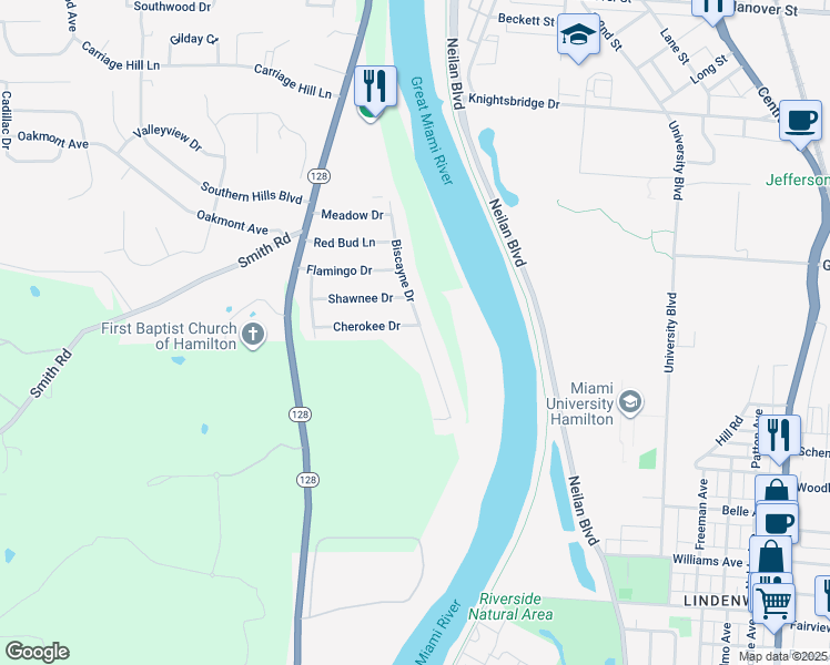 map of restaurants, bars, coffee shops, grocery stores, and more near 3 Cherokee Drive in Hamilton