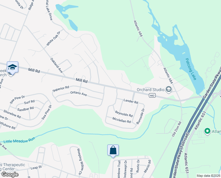 map of restaurants, bars, coffee shops, grocery stores, and more near 6572 Mill Road in Egg Harbor Township