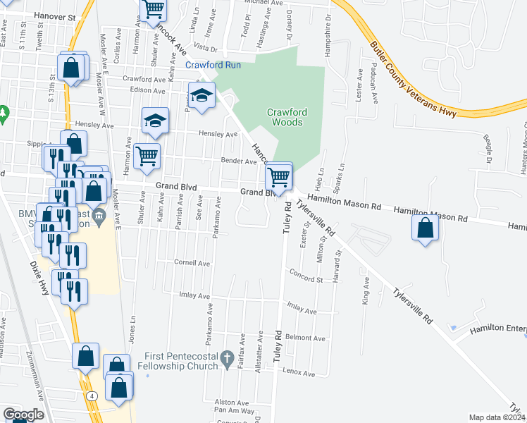 map of restaurants, bars, coffee shops, grocery stores, and more near 93 Van Buren Drive in Hamilton