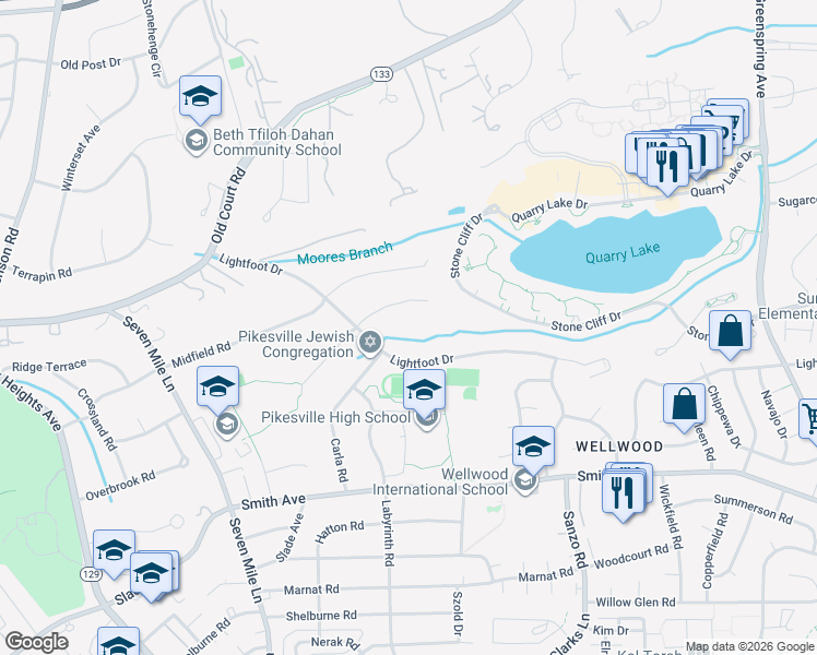 map of restaurants, bars, coffee shops, grocery stores, and more near 3205 Timberfield Ln in Pikesville