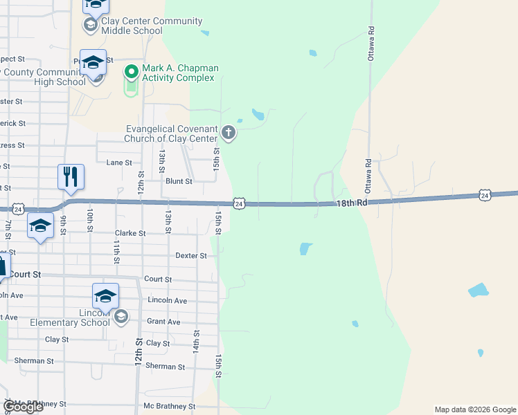 map of restaurants, bars, coffee shops, grocery stores, and more near 1510 18th Road in Clay Center
