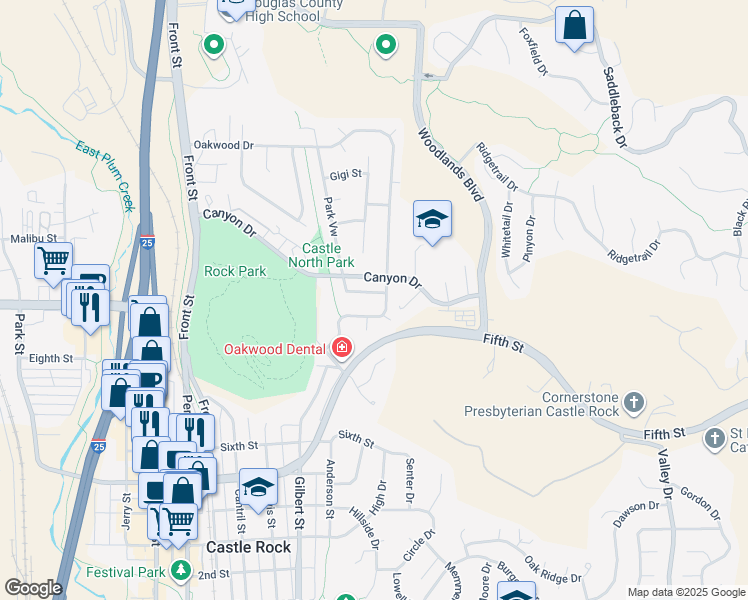 map of restaurants, bars, coffee shops, grocery stores, and more near 808 Park View Street in Castle Rock