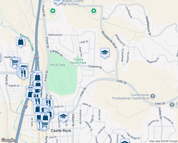 map of restaurants, bars, coffee shops, grocery stores, and more near 806 Park View Street in Castle Rock