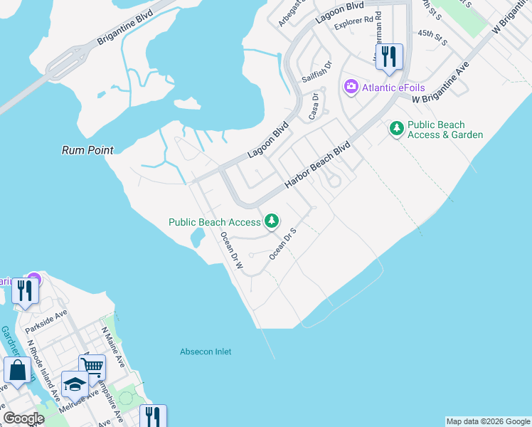 map of restaurants, bars, coffee shops, grocery stores, and more near 5116 Harbor Beach Boulevard in Brigantine