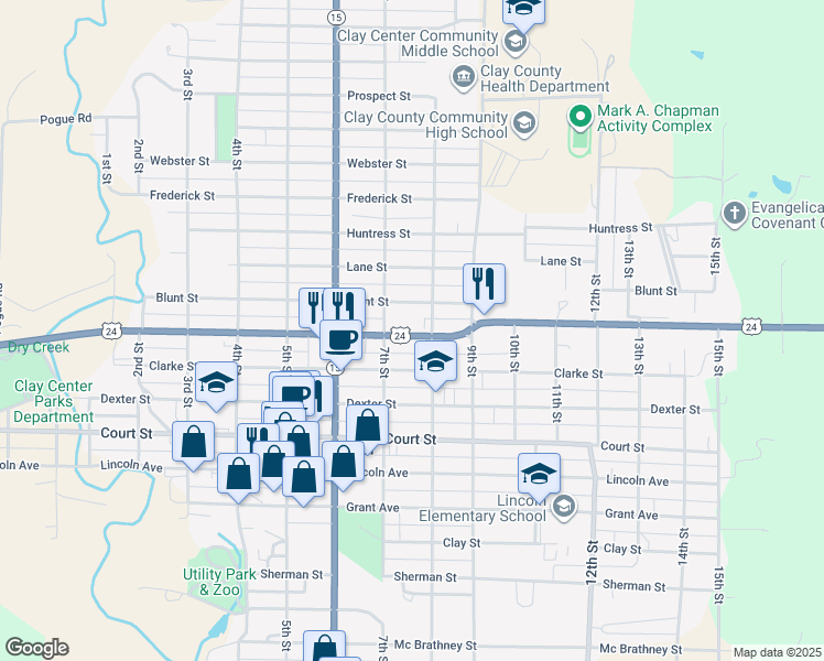 map of restaurants, bars, coffee shops, grocery stores, and more near 798 Blunt Street in Clay Center