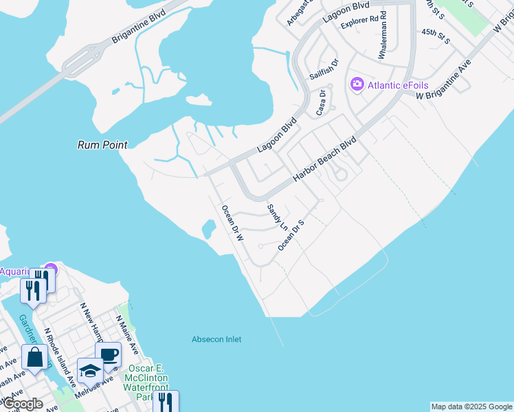 map of restaurants, bars, coffee shops, grocery stores, and more near 5205 Harbor Beach Boulevard in Brigantine