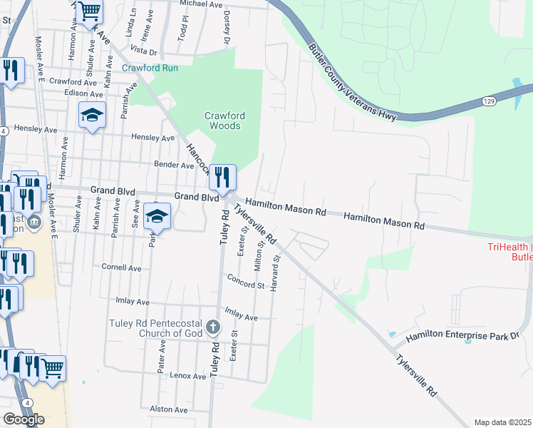 map of restaurants, bars, coffee shops, grocery stores, and more near 2639 Hamilton Mason Road in Hamilton