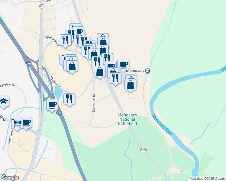 map of restaurants, bars, coffee shops, grocery stores, and more near 5437 Urbana Pike in Frederick