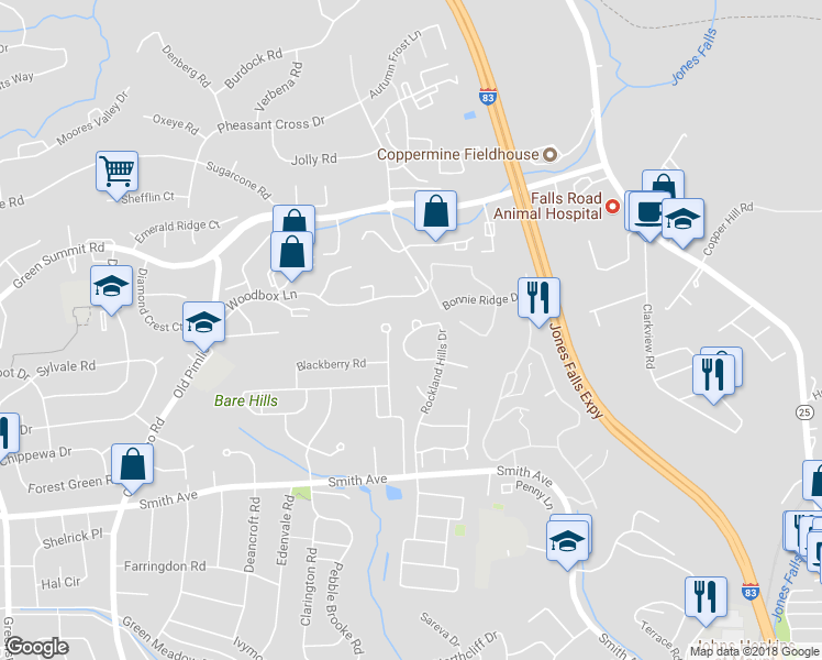 map of restaurants, bars, coffee shops, grocery stores, and more near 34 Ironwood Circle in Baltimore