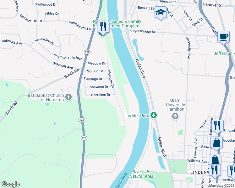 map of restaurants, bars, coffee shops, grocery stores, and more near 1550 Biscayne Drive in Hamilton